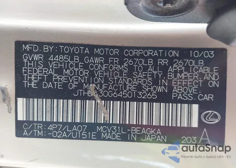 2004 Lexus Es 330 из США, поврежденный, VIN JTHBA30G645013265